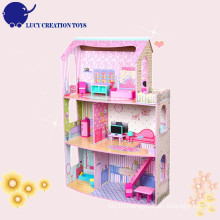 New Arrival Big Villa 3 Floors Pink Miniature Kids Wooden Toy Doll House